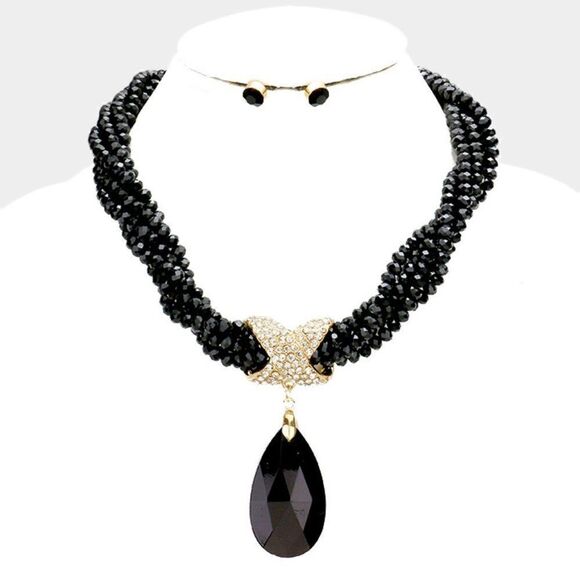 Twisted Beaded Black Crystal Teardrop Necklace Set - Picture 1 of 9